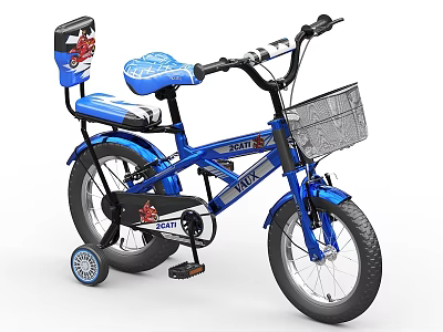 Blue Children's Bike With Front Wire Basket Rear Seat And Training Wheels 3d model