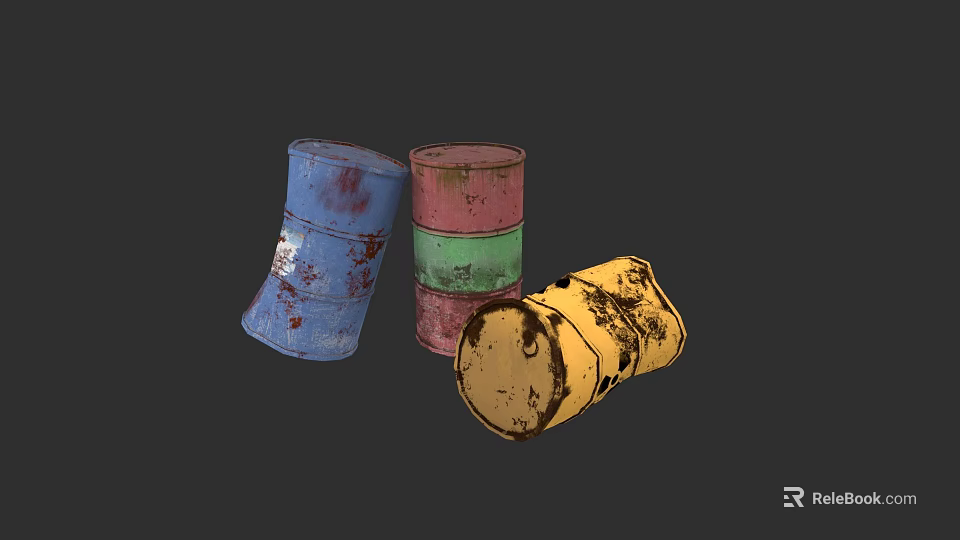 Colorful Rustic Industrial Equipment Drums Stacked And Tilted With Wear Marks 3d model 