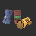 Colorful Rustic Industrial Equipment Drums Stacked And Tilted With Wear Marks