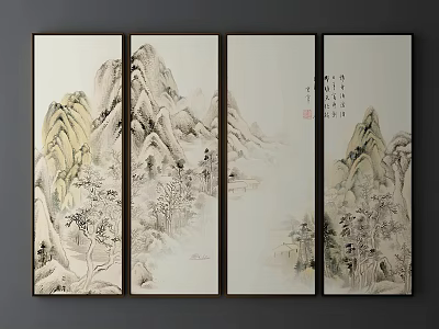 Traditional Chinese Landscape Painting On Four Panel Screen With Misty Mountains Trees And Black Frames 3d model