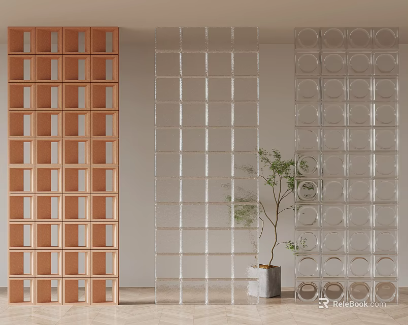 Modern Room Dividers With Wooden Grid Glass Block And Circular Pattern Designs 3d model 