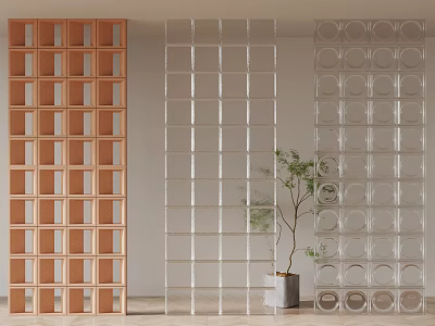 Modern Room Dividers With Wooden Grid Glass Block And Circular Pattern Designs 3d model