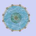 Circular Decorative Fountain With Central Water Spout And Blue Rippled Surface