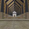Spacious Hall Interior With Wooden Ceiling Dark Beams Decorative Panels Long Corridor And Central Window