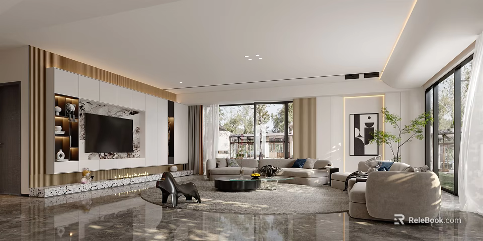 Modern Living Room Interior With Gray Sofas Large Windows Marble Floor And Coffee Table 3d model