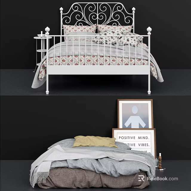 White Metal Double Bed With Floral Bedspread Pillows Gray Blanket And Positive Vibes Sign 3d model 