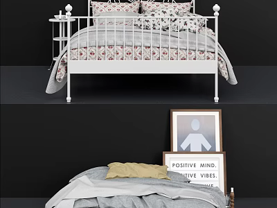 White Metal Double Bed With Floral Bedspread Pillows Gray Blanket And Positive Vibes Sign 3d model