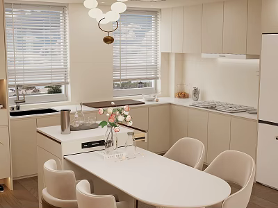 Modern Kitchen Interior With Round White Dining Table Set And Chairs And Chandelier 3d model