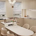 Modern Kitchen Interior With Round White Dining Table Set And Chairs And Chandelier
