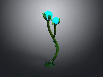 Green Plant With Curved Stems Two Blue Glowing Buds And Green Base On Gray Background 3d model