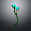 Green Plant With Curved Stems Two Blue Glowing Buds And Green Base On Gray Background