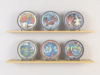 Colorful Decorative Plates On Wooden Shelves With Various Animal Nature Designs 3d model
