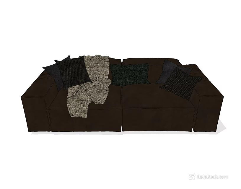 Comfortable Brown Upholstered Double Sofa With Dark Cushions And Patterned Blanket 3d model