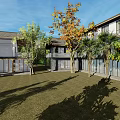 Modern Brick House Exterior With Flowering Trees Grassland And Mountain Backdrop