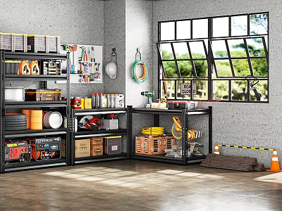Organized Garage With Gray Walls Large Windows Green View Black Metal Shelves Tools Boxes Wooden Flooring 3d model