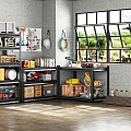 Organized Garage With Gray Walls Large Windows Green View Black Metal Shelves Tools Boxes Wooden Flooring