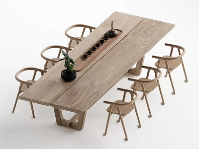Natural Style Wooden Tea Table And Chairs With Plant And Tea Cup Tray 3d model