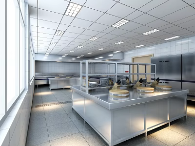 Professional Commercial Kitchen Interior With Stainless Steel Worktables And Bright Lighting 3d model
