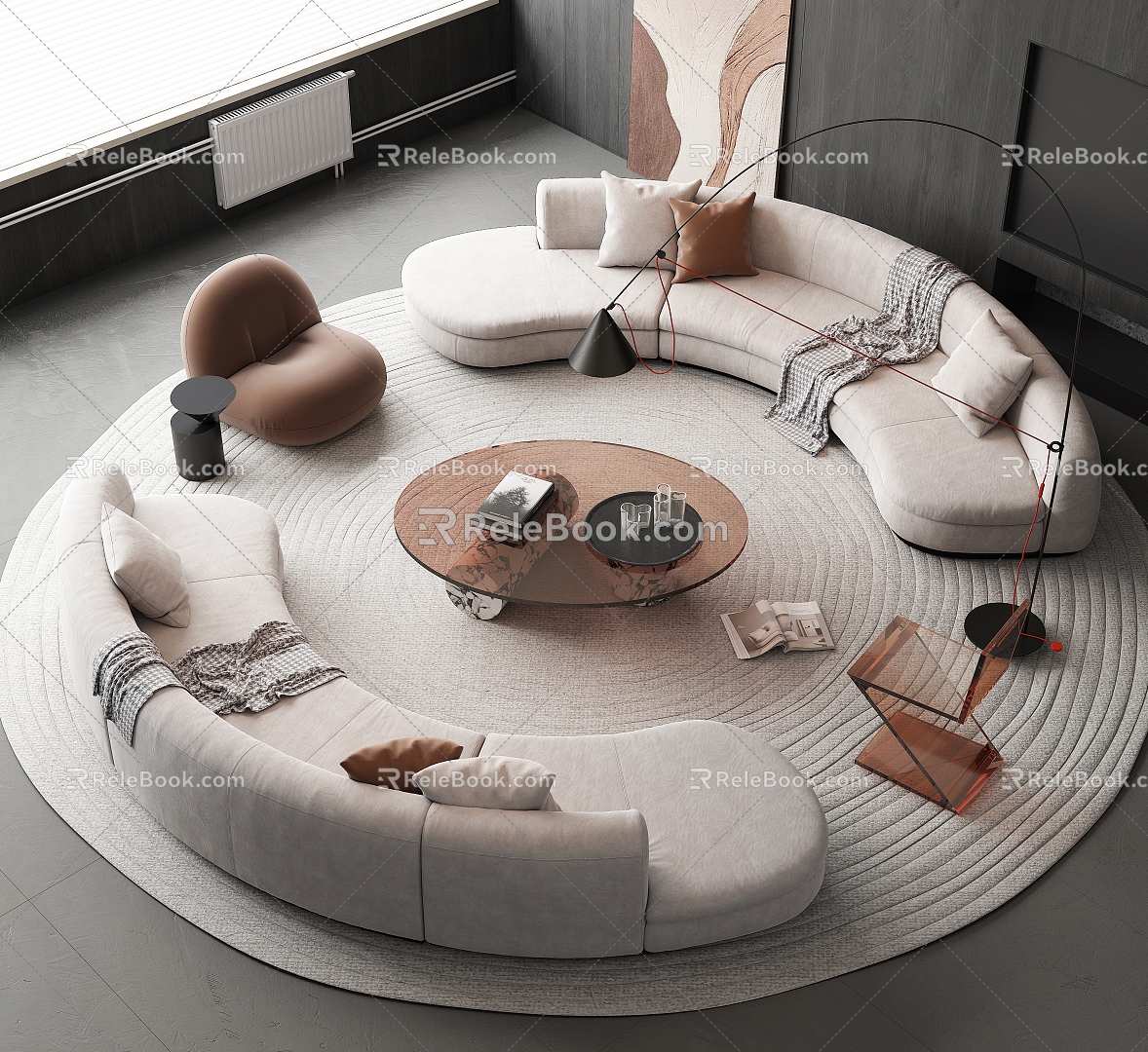 Sofa Coffee Table Combination Curved Sofa Multi-person Sofa Round Coffee Table Leisure Sofa Leisure Chair 3d model