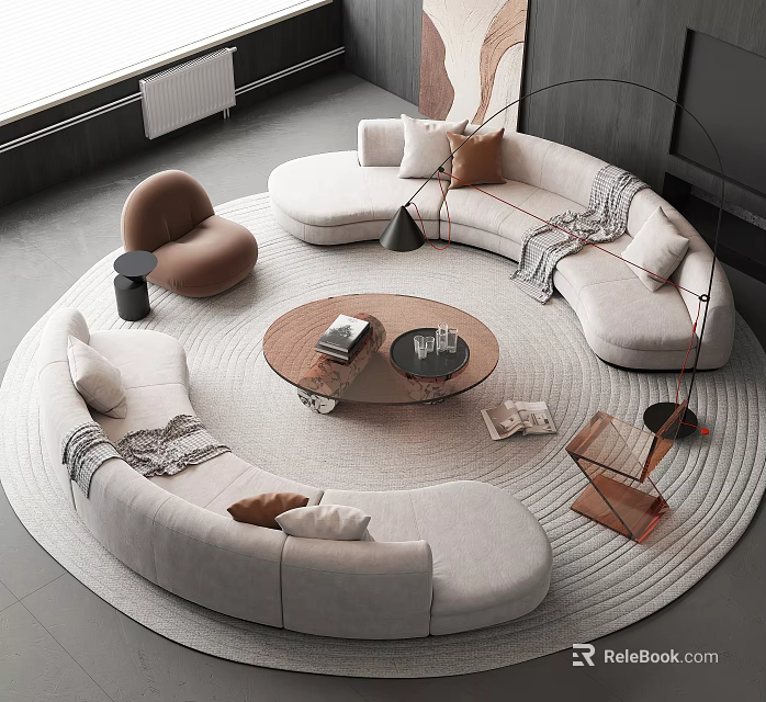 Elegant Modern Round Sofa And Coffee Table Set With Pillows Throw Blanket And Accent Chair 3d model 