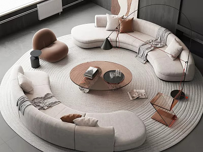 Elegant Modern Round Sofa And Coffee Table Set With Pillows Throw Blanket And Accent Chair 3d model