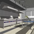Commercial Kitchen With Stainless Steel Worktables Range Hoods White Tiled Walls Windows And Metal Shelves
