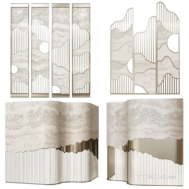 Modern Room Divider With Geometric Patterns Wavy Lines And Beige Textured Panels 3d model