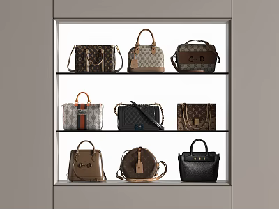 Stylish Various Style Bags Displayed on Three Shelves with Different Colors and Classic Patterns 3d model