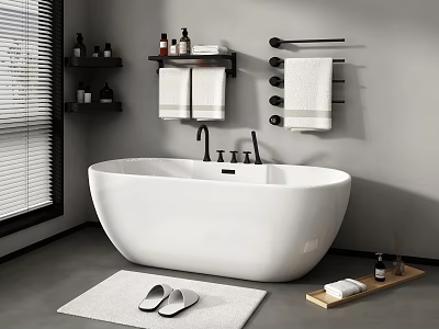 Modern White Freestanding Bathtub in Bathroom with Towel Rack Shelves Bath Products Mat and Slippers 3d model