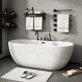 Modern White Freestanding Bathtub in Bathroom with Towel Rack Shelves Bath Products Mat and Slippers