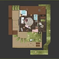 Cartoon Scene with Miniature Room Kitchen Area Staircase Dolls Green Grass and Steps