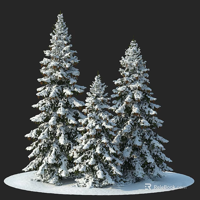 Three Snow Covered Evergreen Trees Standing Tall Against Dark Winter Background 3d model 