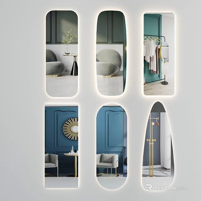 Mirrors in Modern Interior With Green Walls Golden Frames Arch Design and Chairs 3d model 