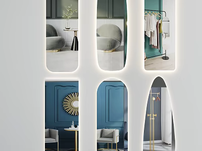 Mirrors in Modern Interior With Green Walls Golden Frames Arch Design and Chairs 3d model