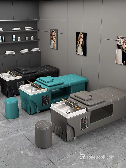 Modern Beauty Salon Interior With Teal And Gray Styling Beds And Tools On Counters 3d model 