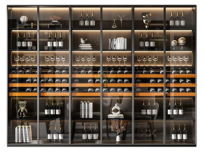 Modern Stylish Wine Cabinet Display With Wine Bottles Glassware Books And Decorative Items 3d model