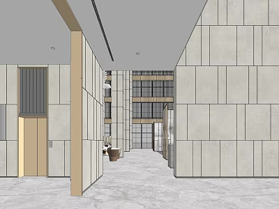 Modern Spacious Lobby Reception Desk With Marble Floor Light Stone Walls And Decorative Plants 3d model