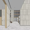 Modern Spacious Lobby Reception Desk With Marble Floor Light Stone Walls And Decorative Plants