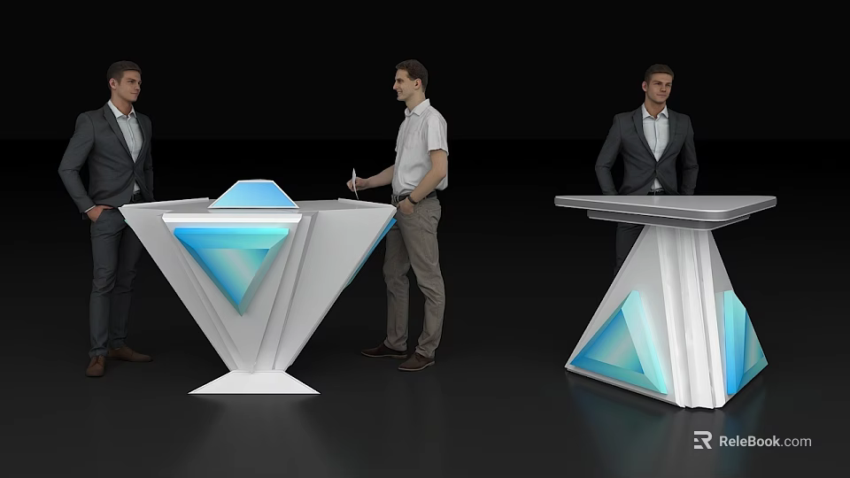 Modern Geometric Podiums With Blue Lighting And Men Interacting In Stylish Setting 3d model