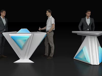 Modern Geometric Podiums With Blue Lighting And Men Interacting In Stylish Setting 3d model