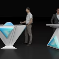 Modern Geometric Podiums With Blue Lighting And Men Interacting In Stylish Setting 3d model