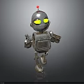 Metallic Silver Robot With Yellow Glowing Eyes And Red Antenna Standing On Dark Background