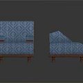 Blue Geometric Patterned Armchair And Ottoman With Wooden Arms And Legs