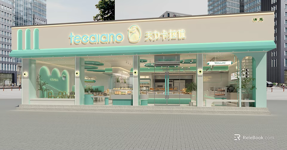 Teecialano Dessert Shop With Light Green Creamy White Facade Large Glass Windows And Display Counters 3d model 