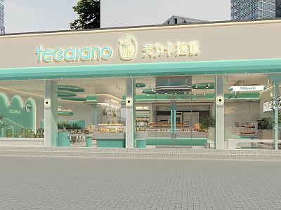 Teecialano Dessert Shop With Light Green Creamy White Facade Large Glass Windows And Display Counters 3d model