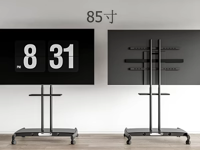 85 Inch Black TV on Mobile Wheeled Stand with Time Display Screen 3d model