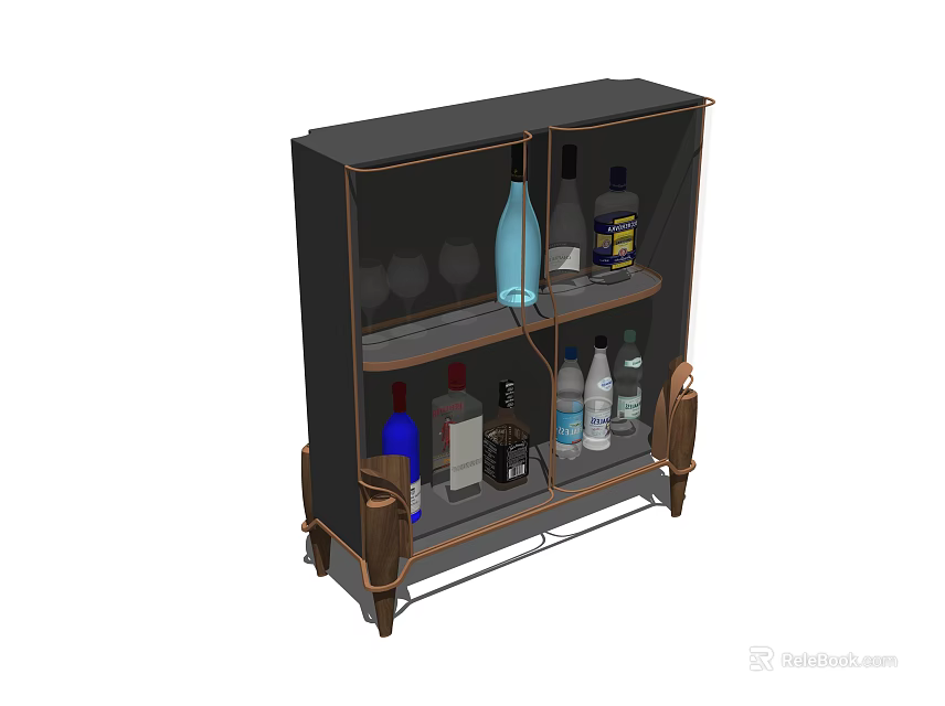 Modern Wine Cabinet With Glass Doors And Multiple Shelves Holding Bottles And Glasses 3d model 