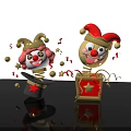Playful Clown Dolls With Red Hats Star Decorations Streamers And Gift Box On Black Background