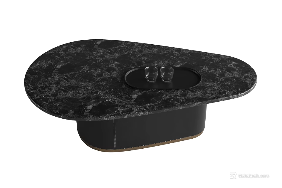 Elegant Black Marble Dining Table With Oval Shape Central Recessed Area And Two Glasses 3d model 