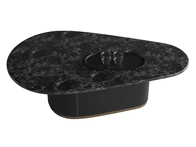 Elegant Black Marble Dining Table With Oval Shape Central Recessed Area And Two Glasses 3d model